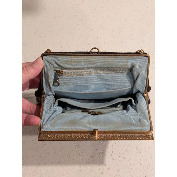 Vintage Floral Needlepoint Evening Bag Metal Frame Chain Strap etched clasp - Picture 8 of 16